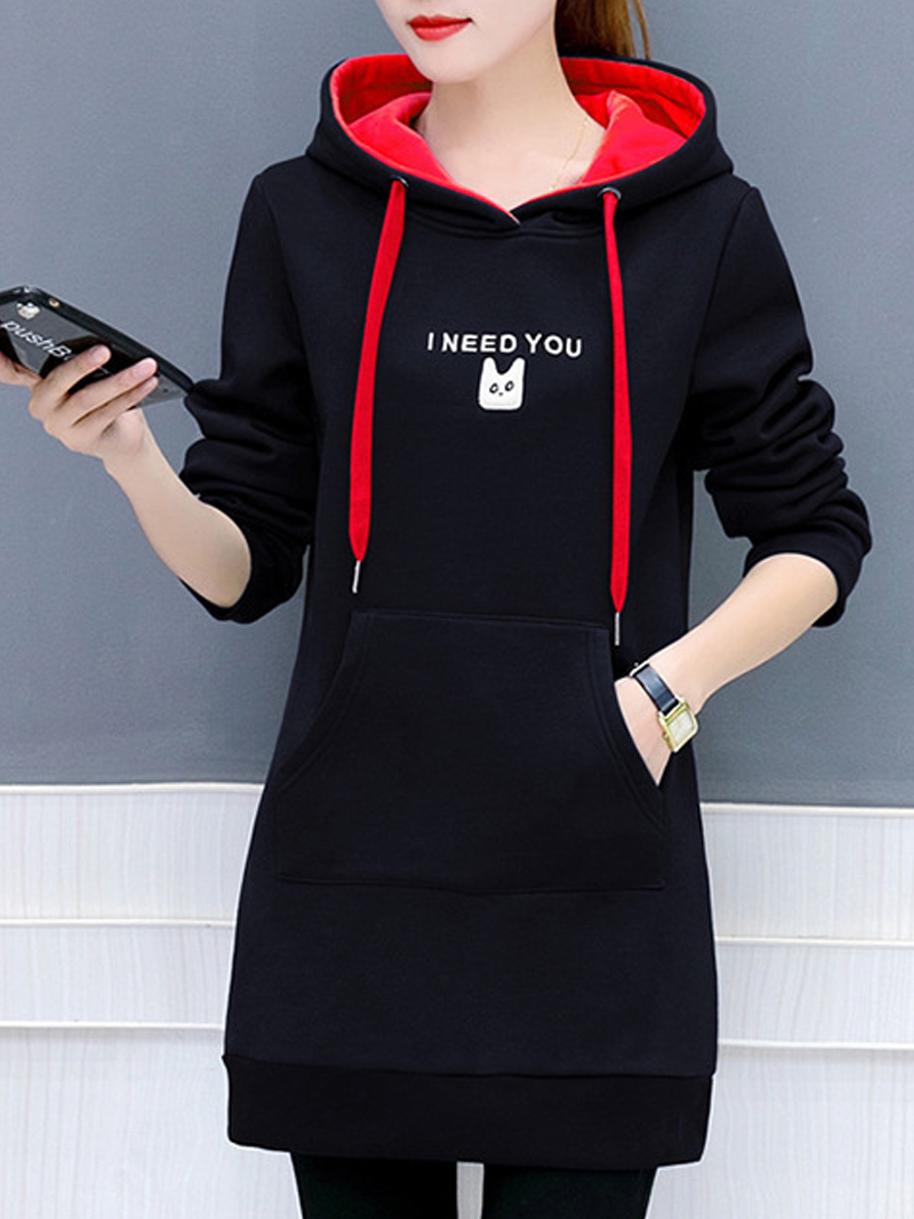 Leher Bulat Longgar Hood Kartun Pola Hoody - id.berrylook.com