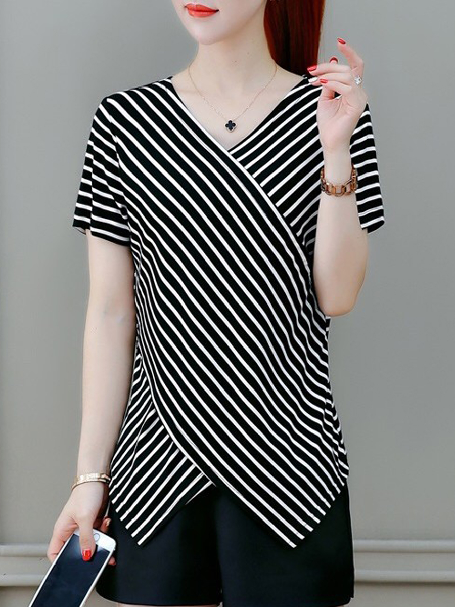 Kaos Lengan Pendek Leher Bergaris Striped - id.berrylook.com