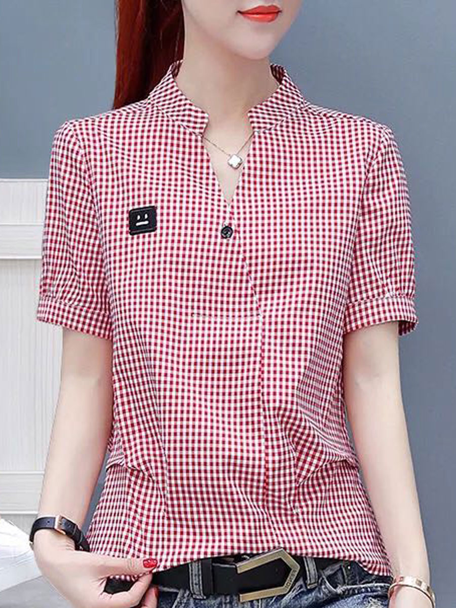 V-Neck Plaid Lengan Pendek - id.berrylook.com