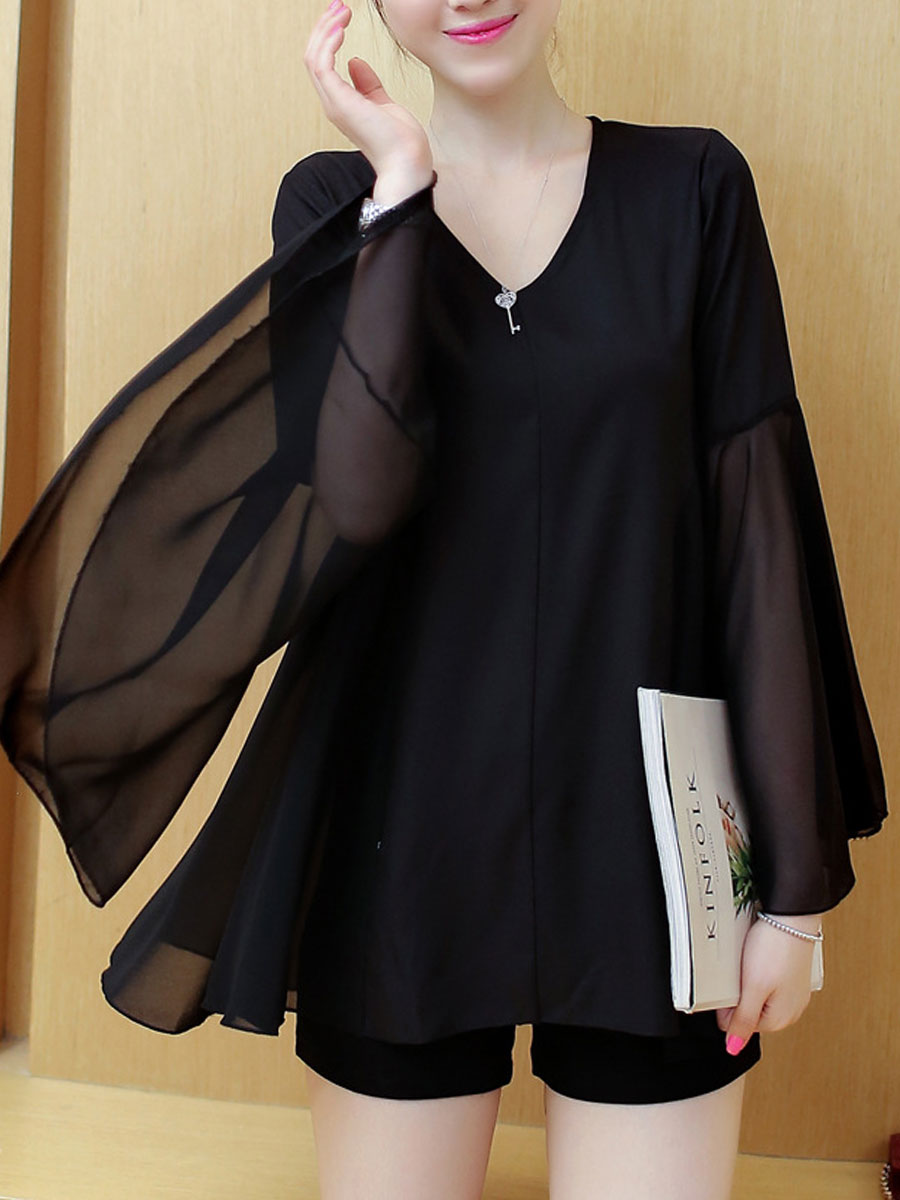 Spring Summer Polyester Wanita V-Neck Plain Bell Lengan 