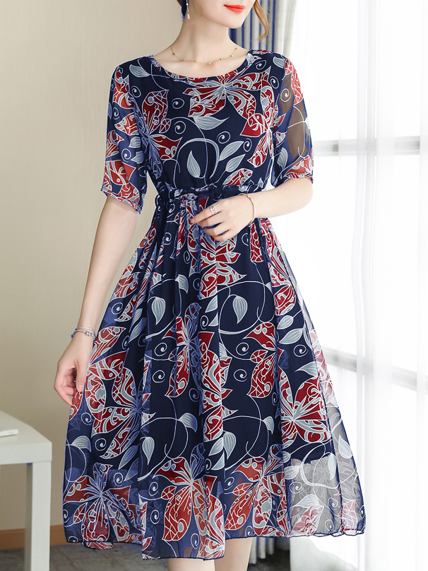 round neck abstract print floral skater dress